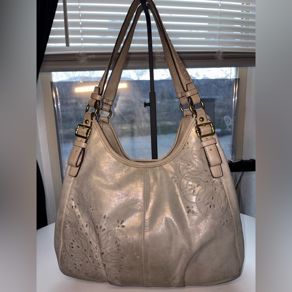 Coach A1282-19628 Metallic Gold Floral Perforated Leather Hobo Rehab Project - Picture 4 of 5